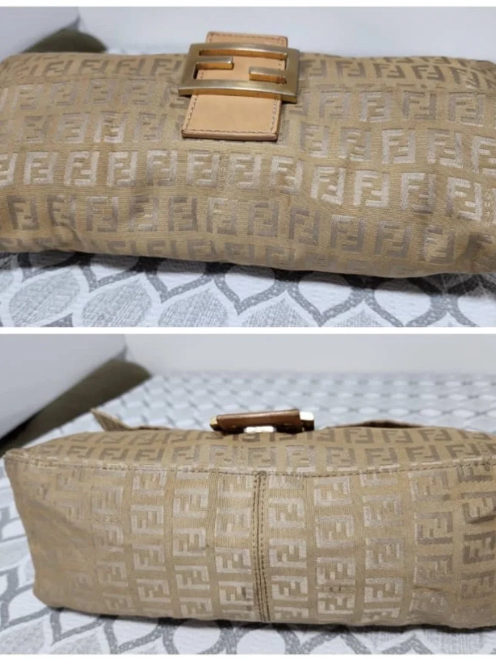 Authentic FENDI Metallic Zucchino Canvas Baguette Bag Gold/Beige